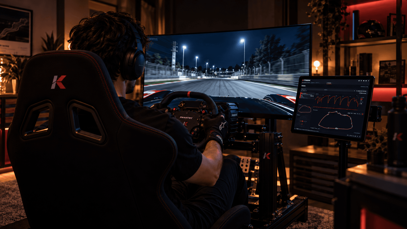 Piloto em um cockpit de sim racing com telemetria na segunda tela